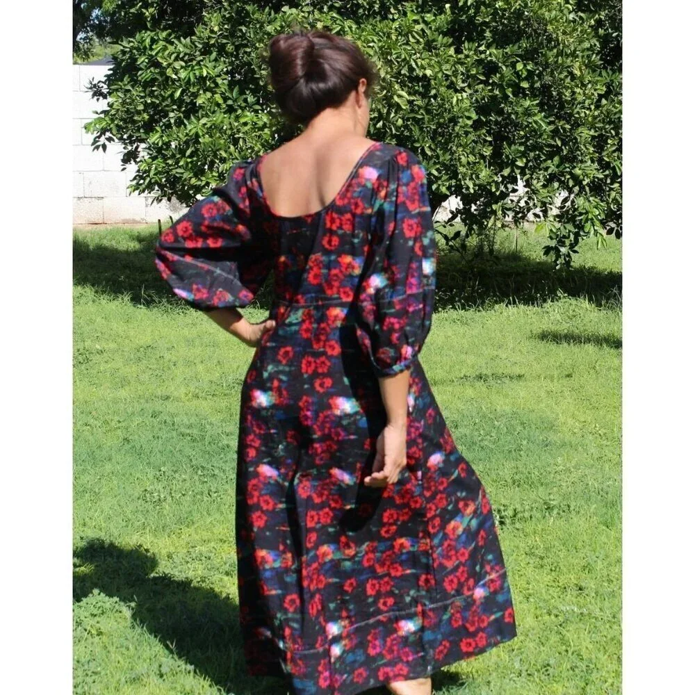 RACHEL COMEY RED FLORAL MAXI DRESS PUFF SLEEVE SIZE 6/M POCKETS PRAIRIE PEASANT